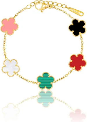 14K Gold Plated Dainty Colorful Five Leaf Clover Dot Bracelets for Women Lucky Flower Jewelry