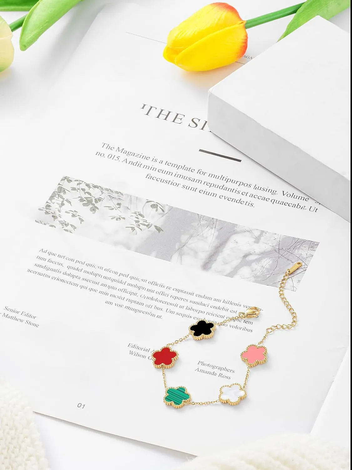 14K Gold Plated Dainty Colorful Five Leaf Clover Dot Bracelets for Women Lucky Flower Jewelry