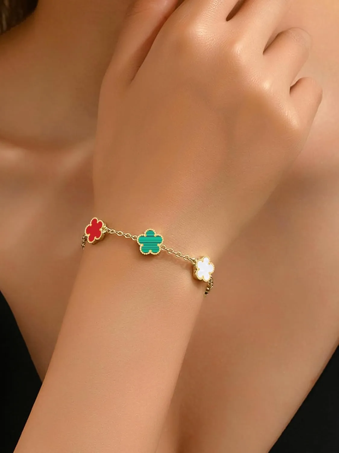 14K Gold Plated Dainty Colorful Five Leaf Clover Dot Bracelets for Women Lucky Flower Jewelry