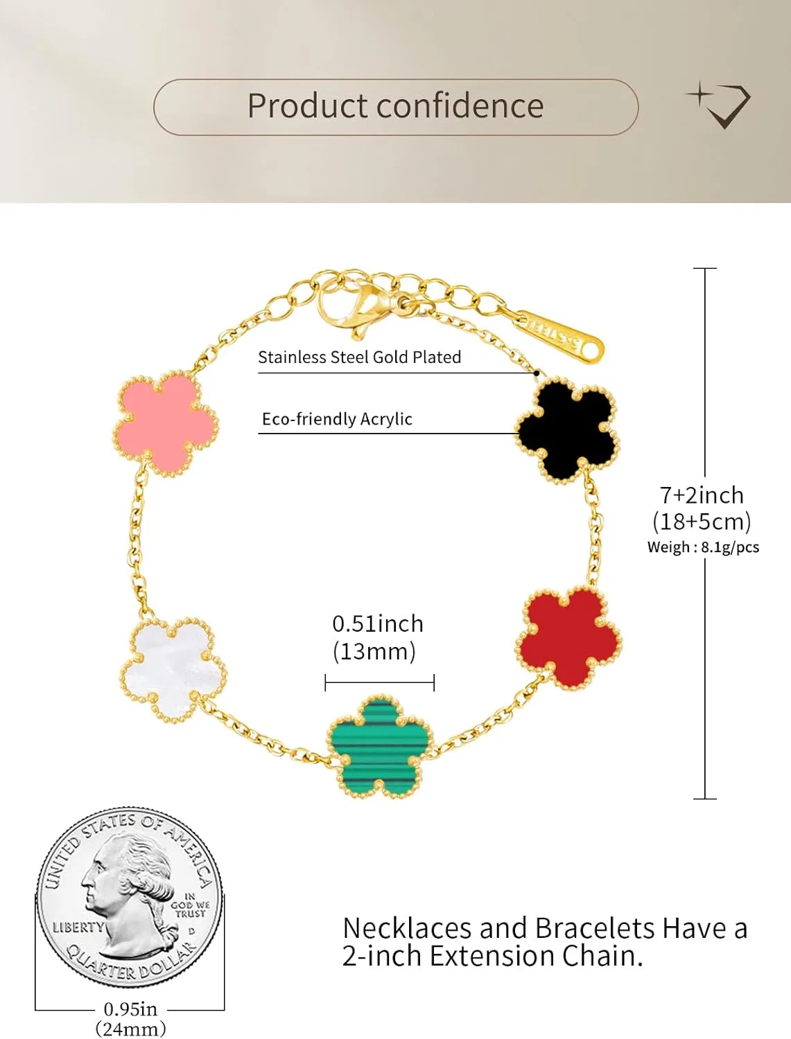 14K Gold Plated Dainty Colorful Five Leaf Clover Dot Bracelets for Women Lucky Flower Jewelry
