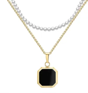 14K Gold Plated Necklace Black Onyx/Opal/Turquoise/Malachite/Lapis Lazuli/Tigers Eye Necklace for Men Women Stainless Steel Square/Rectangle Pendant Necklaces with Box Chain