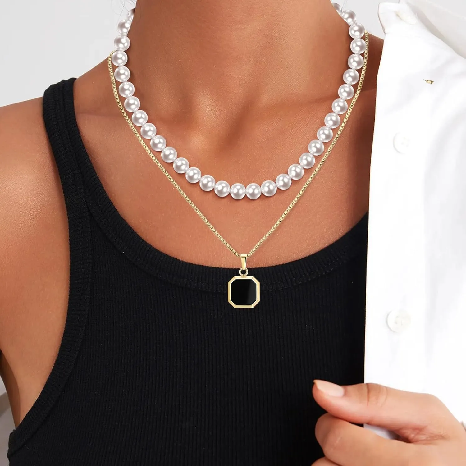 14K Gold Plated Necklace Black Onyx/Opal/Turquoise/Malachite/Lapis Lazuli/Tigers Eye Necklace for Men Women Stainless Steel Square/Rectangle Pendant Necklaces with Box Chain