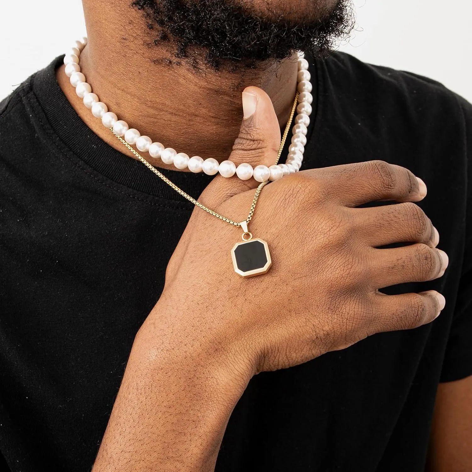 14K Gold Plated Necklace Black Onyx/Opal/Turquoise/Malachite/Lapis Lazuli/Tigers Eye Necklace for Men Women Stainless Steel Square/Rectangle Pendant Necklaces with Box Chain