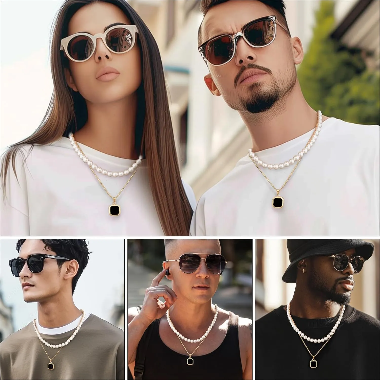 14K Gold Plated Necklace Black Onyx/Opal/Turquoise/Malachite/Lapis Lazuli/Tigers Eye Necklace for Men Women Stainless Steel Square/Rectangle Pendant Necklaces with Box Chain