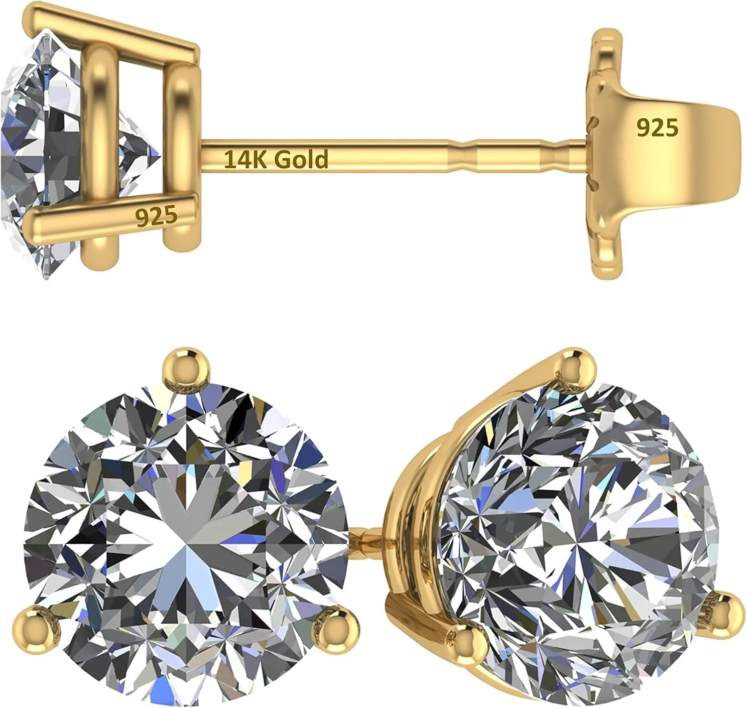 14K Gold Post & Sterling Silver Pure Brilliance Zirconia 3 Prong Martini Style Stud Earrings 1.0ct to 4ct