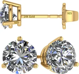 14K Gold Post & Sterling Silver Pure Brilliance Zirconia 3 Prong Martini Style Stud Earrings 1.0ct to 4ct