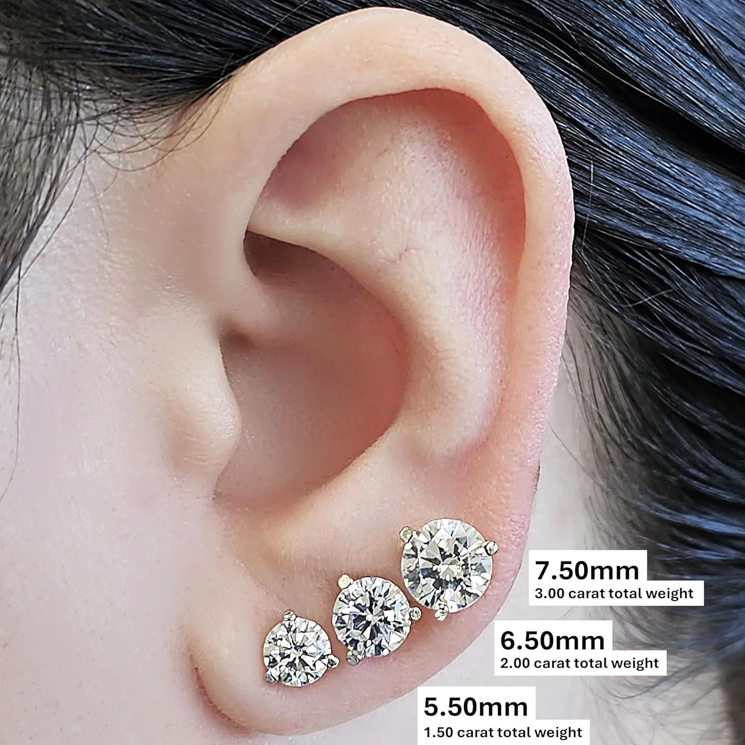 14K Gold Post & Sterling Silver Pure Brilliance Zirconia 3 Prong Martini Style Stud Earrings 1.0ct to 4ct