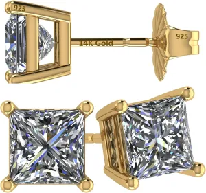 14K Gold Posts & Sterling Silver Princess Cut CZ Stud Earrings w/Pure Brilliance Zirconia, 1.50-4.00ctw