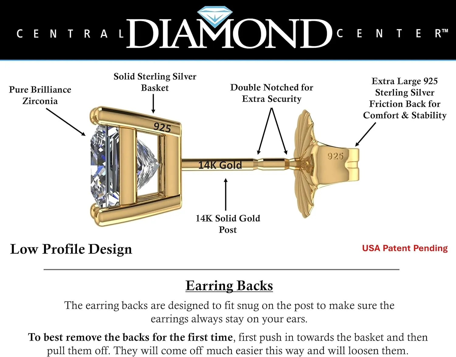 14K Gold Posts & Sterling Silver Princess Cut CZ Stud Earrings w/Pure Brilliance Zirconia, 1.50-4.00ctw
