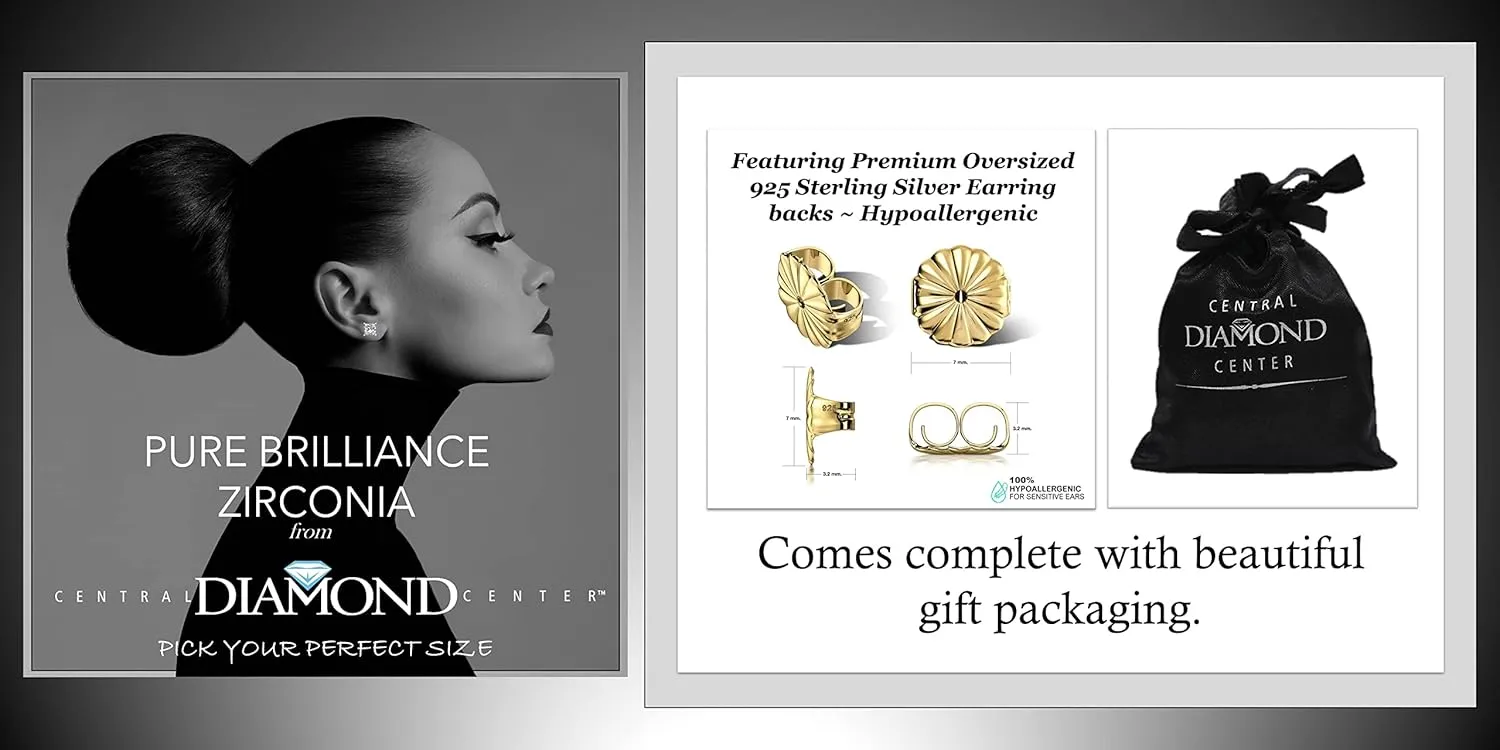 14K Gold Posts & Sterling Silver Princess Cut CZ Stud Earrings w/Pure Brilliance Zirconia, 1.50-4.00ctw