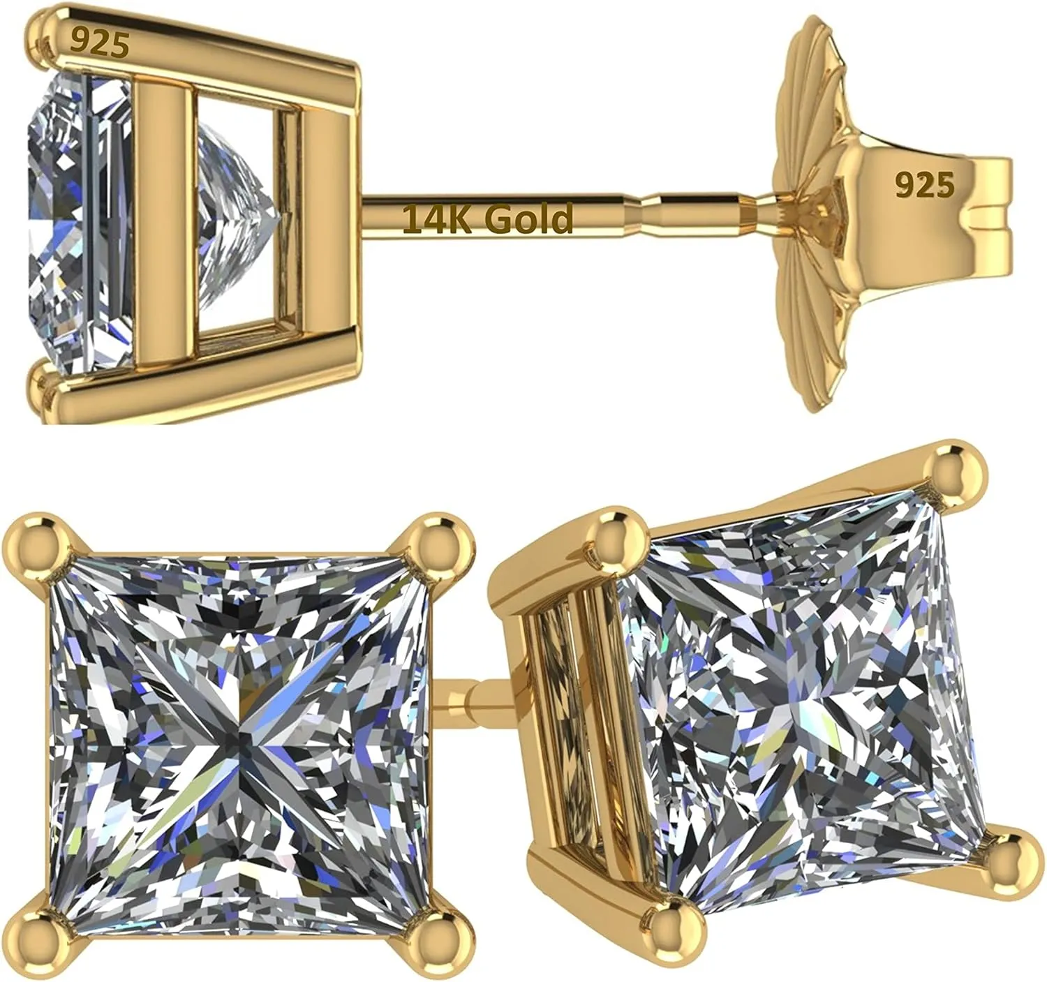 14K Gold Posts & Sterling Silver Princess Cut CZ Stud Earrings w/Pure Brilliance Zirconia, 1.50-4.00ctw