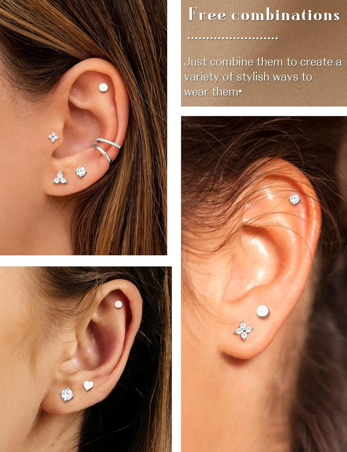 14K Gold Stud Earrings For Women Hypoallergenic -    Post Small Earrings Stacks For Sensitive Ears Trendy Dainty Cute Cubic Zirconia Heart Flower Cartilage Tragus Earring Sets For Multiple Piercing Jewelry 3Pairs