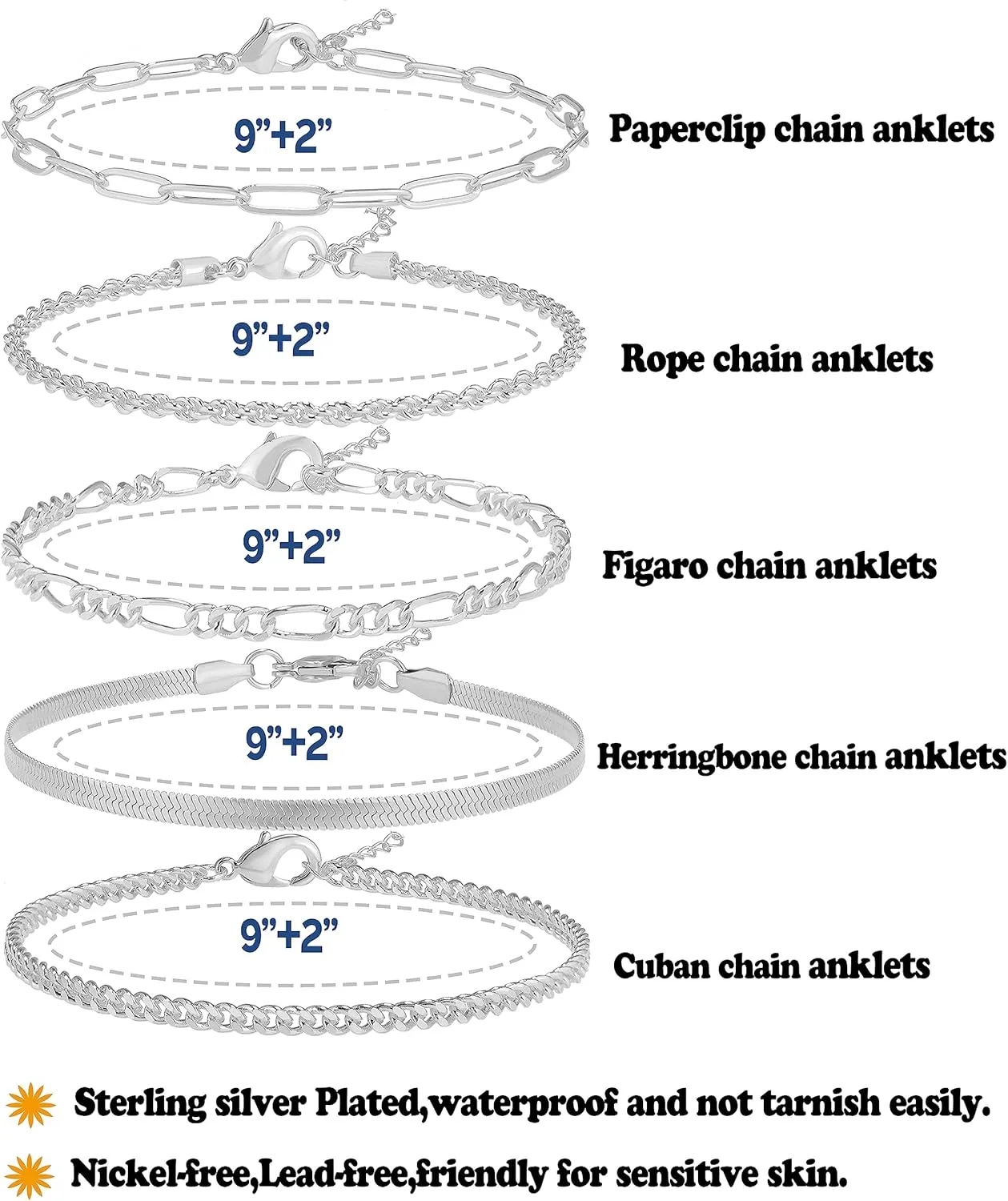 14K Gold/Sterling Silver Plated Anklet Bracelets for Women Waterproof Plus Size Cuban Link Chain Ankle Bracelet for Large Ankle 9-12inch
