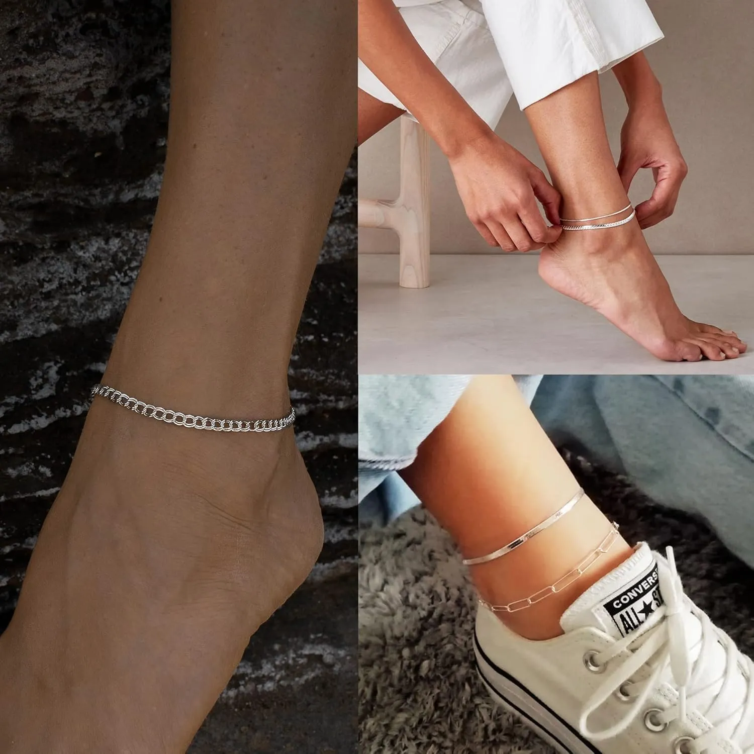14K Gold/Sterling Silver Plated Anklet Bracelets for Women Waterproof Plus Size Cuban Link Chain Ankle Bracelet for Large Ankle 9-12inch