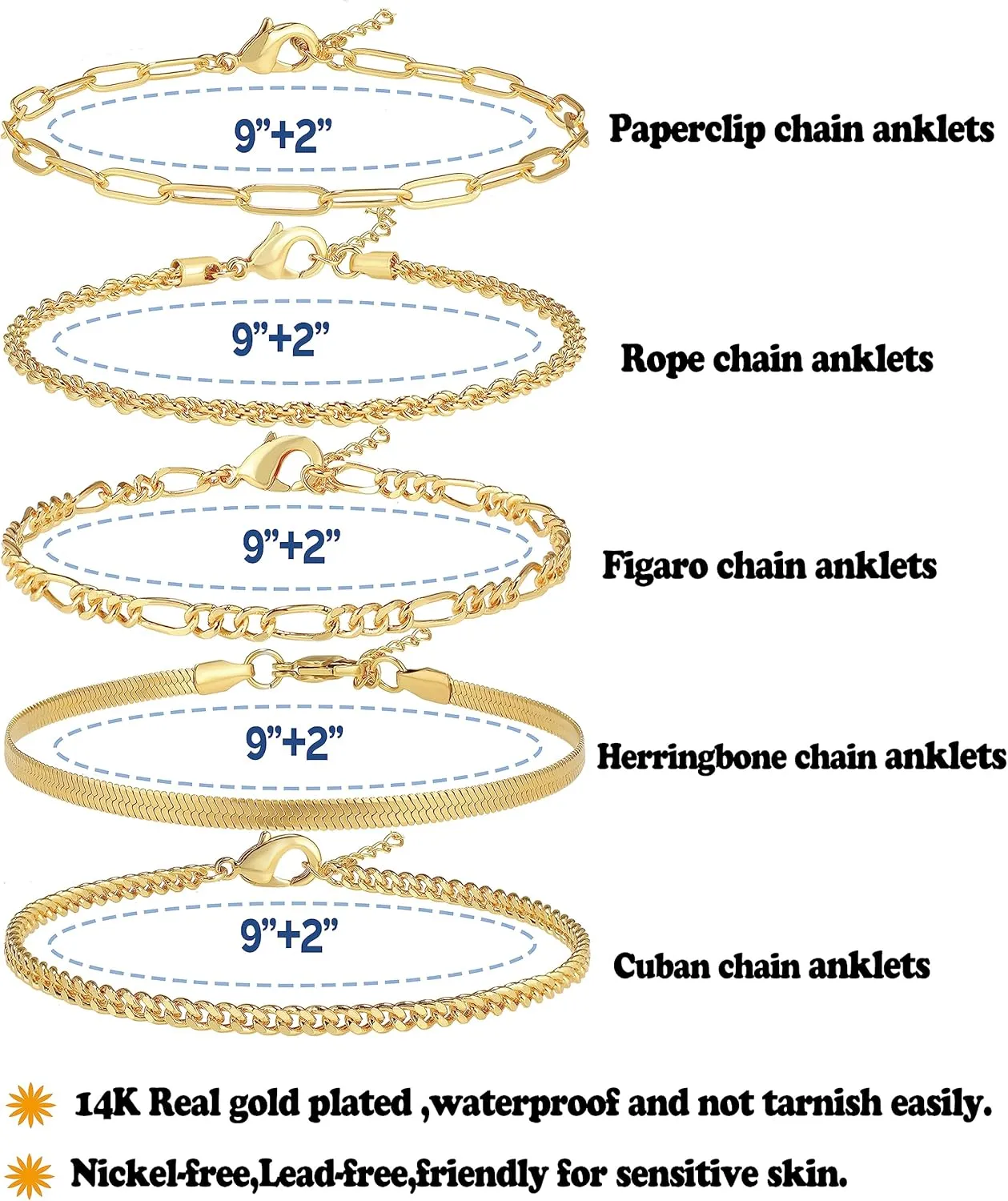14K Gold/Sterling Silver Plated Anklet Bracelets for Women Waterproof Plus Size Cuban Link Chain Ankle Bracelet for Large Ankle 9-12inch