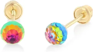 14K REAL Gold CZ Rainbow Crystal Disco Ball Stud Earrings for Women with Screw Backs