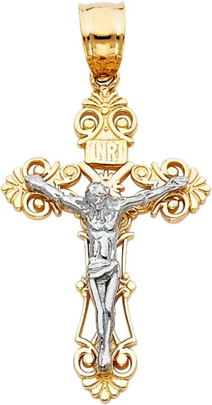 14K Real Gold Two Tone Linear Jesus Engraved Cross Pendant - 27x16 MM Crucifix Charm Necklace Pendant - Great Gift for Men & Women