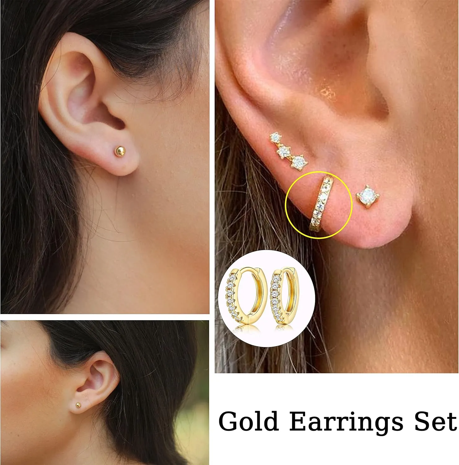 14K Small Gold Plated Hoop Studs Earrings for Women, Fashion Hypoallergenic Dainty Minimalist CZ Ball Chain Earrings for Birthday Party Christmas Jewelry Gift.