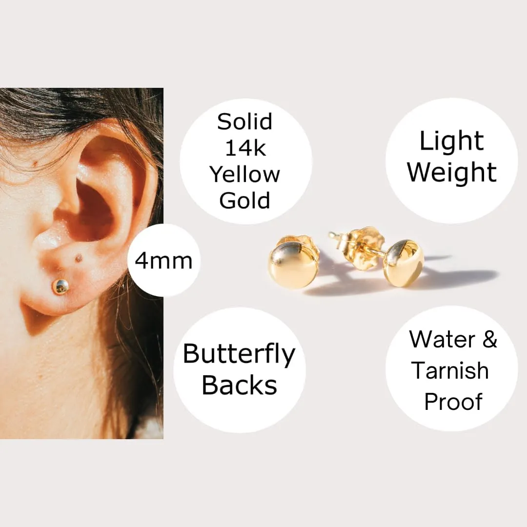 14k Solid Gold Flat Ball Stud Earrings for Women  Minimalist Button-Style Studs with Butterfly Backs  Hypoallergenic & Tarnish-Resistant  Sizes 3mm to 8mm  Elegant Gift for Her