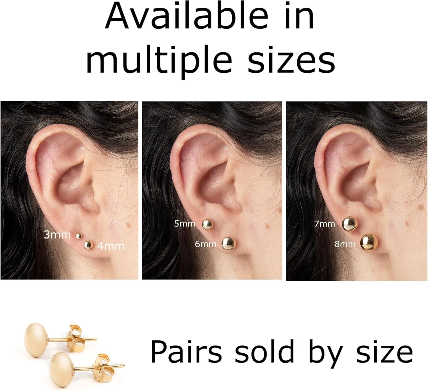 14k Solid Gold Flat Ball Stud Earrings for Women  Minimalist Button-Style Studs with Butterfly Backs  Hypoallergenic & Tarnish-Resistant  Sizes 3mm to 8mm  Elegant Gift for Her