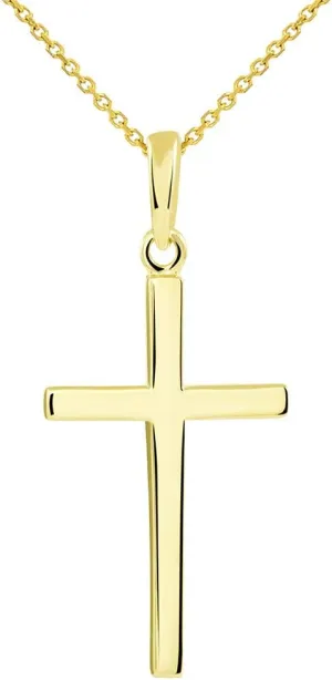 14k Solid Yellow Gold Classic Plain Religious Cross Pendant Necklace