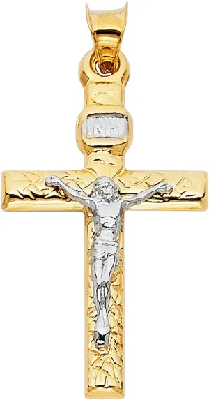 14K Two Tone Gold Crucifix Cross Religious Charm Pendant - 31x20 MM Real Gold Crucifix Charm Necklace Pendant - Great Gift for Men and Women