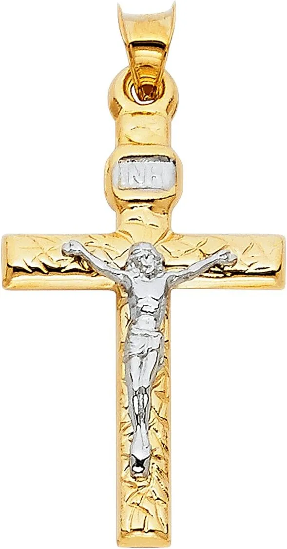 14K Two Tone Gold Crucifix Cross Religious Charm Pendant - 31x20 MM Real Gold Crucifix Charm Necklace Pendant - Great Gift for Men and Women