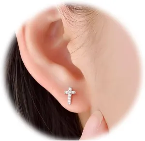 14K White Gold Plated Small Cross Silver Stud Earrings, Hypoallergenic Pave CZ Tiny Cross Stud Earrings for women