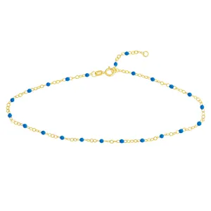 14K Yellow Gold Cobalt Blue Enamel Bead Station Chain Anklet Adjustable with Spring Ring Clasp, 10"