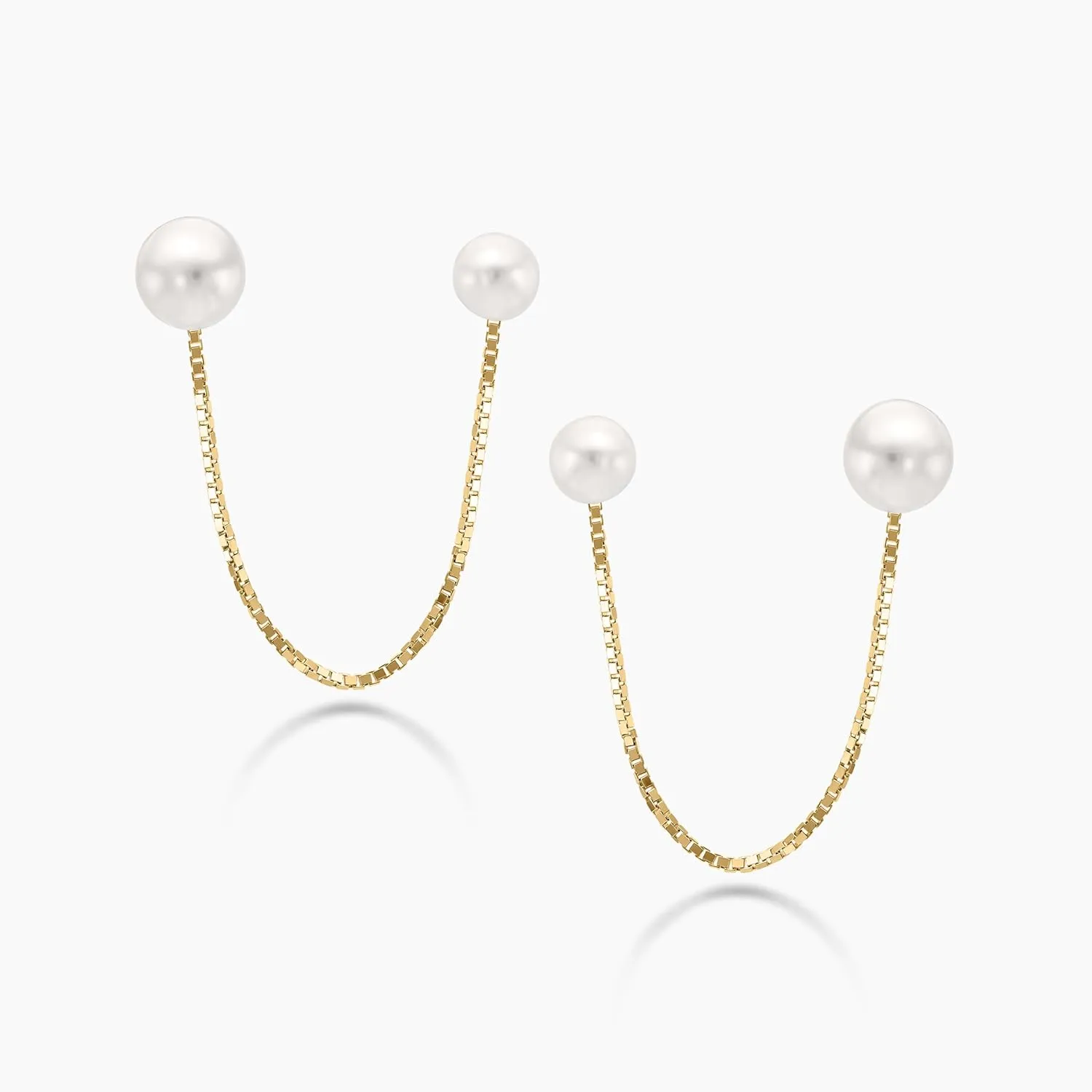 14K Yellow Gold Double Pearl Chain Stud Single/Pair Earring, Round Pearl, Double Piercing Earrings, Soft Silicone Gold Back, Dangle Earrings For Women, Gift For Her, Statement Jewelry, Jewelry For Women