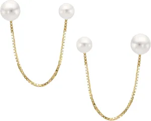 14K Yellow Gold Double Pearl Chain Stud Single/Pair Earring, Round Pearl, Double Piercing Earrings, Soft Silicone Gold Back, Dangle Earrings For Women, Gift For Her, Statement Jewelry, Jewelry For Women