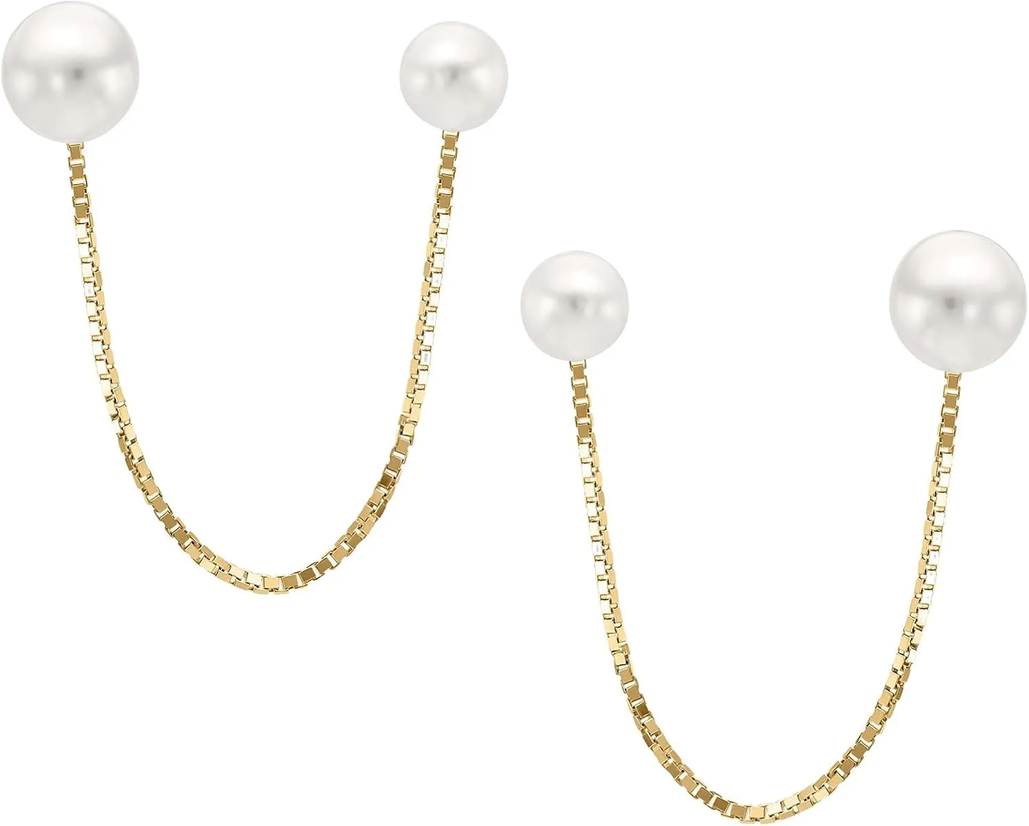 14K Yellow Gold Double Pearl Chain Stud Single/Pair Earring, Round Pearl, Double Piercing Earrings, Soft Silicone Gold Back, Dangle Earrings For Women, Gift For Her, Statement Jewelry, Jewelry For Women