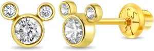 14k Yellow Gold Petite Mouse Clear Cubic Zirconia Screw Back Earrings For Toddlers and Little Girls - Small Sparkling CZ Earrings for A Girls Special Day - Glimmering Mouse Earrings For Kids