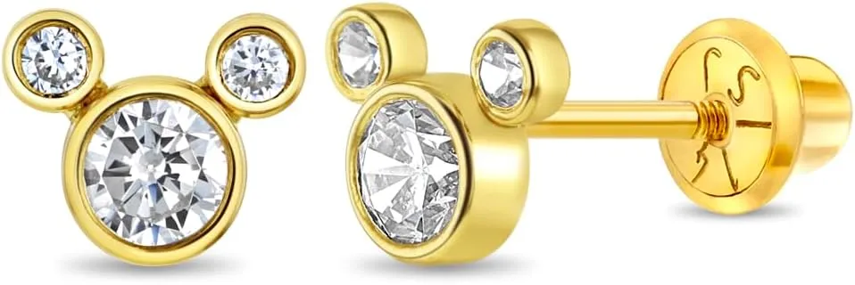 14k Yellow Gold Petite Mouse Clear Cubic Zirconia Screw Back Earrings For Toddlers and Little Girls - Small Sparkling CZ Earrings for A Girls Special Day - Glimmering Mouse Earrings For Kids