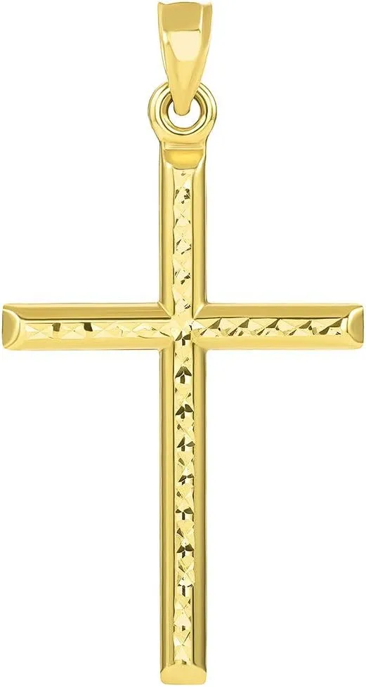 14k Yellow Gold Textured Religious Classic Tube Cross Pendant Necklace
