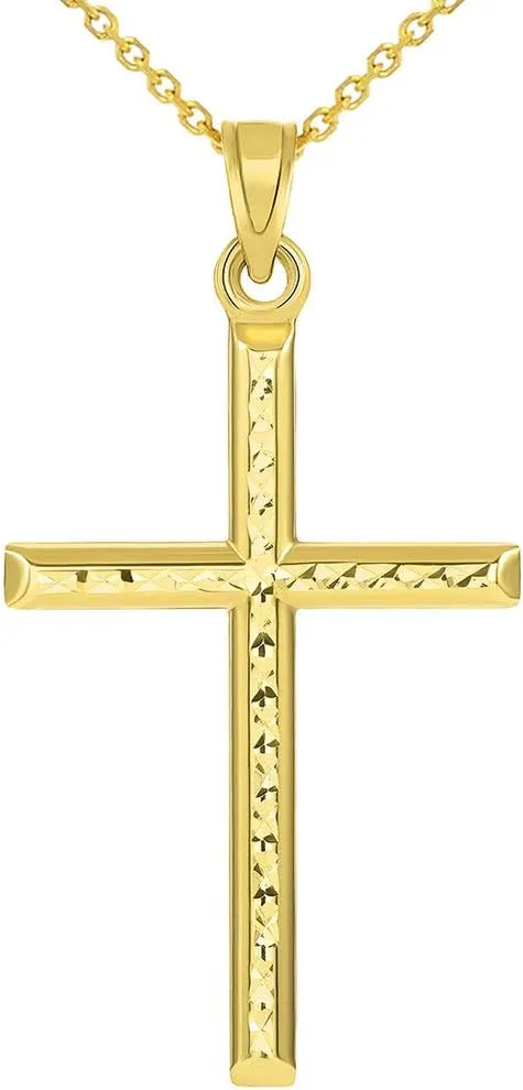 14k Yellow Gold Textured Religious Classic Tube Cross Pendant Necklace