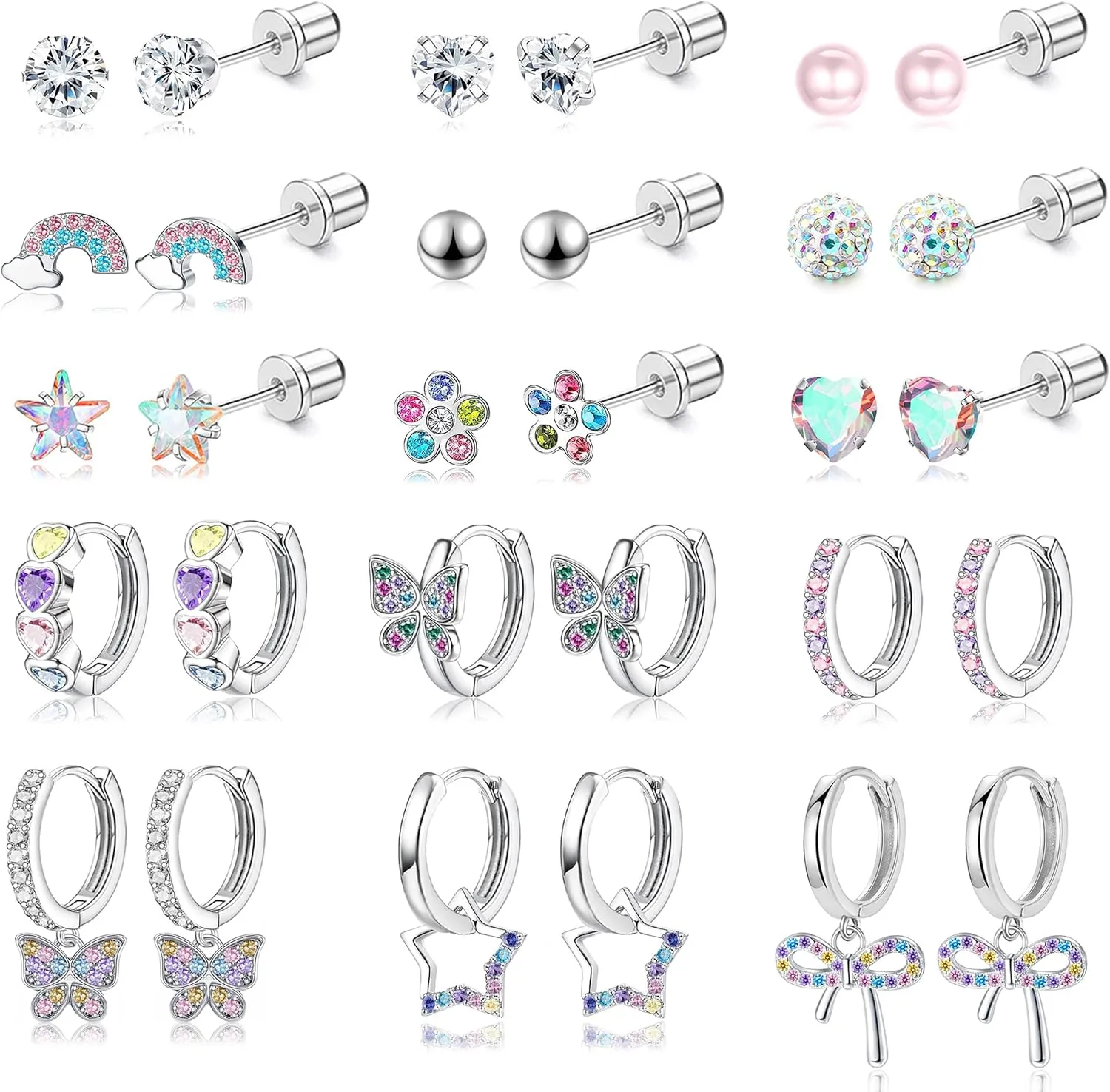 15 Pairs Screw Back Earrings Set for Women Hypoallergenic Surgical Steel Earring Cute CZ Butterfly Star Flower Stud Hoop Dangle ScrewBack Stud Earrings Set