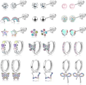 15 Pairs Screw Back Earrings Set for Women Hypoallergenic Surgical Steel Earring Cute CZ Butterfly Star Flower Stud Hoop Dangle ScrewBack Stud Earrings Set