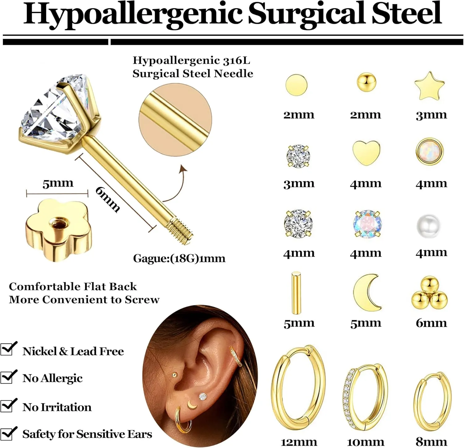 15 Pairs Small Hypoallergenic Surgical Steel Earrings for Sensitive Ears 14K Gold Plated CZ Opal Flower Flat Back Stud Earrings for Women Men Screw Back Cartilage Earring Set for Multiple Piercing 6/8/10mm Hoop Earrings Set
