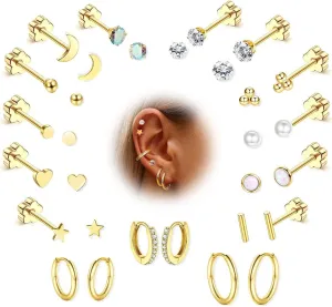 15 Pairs Small Hypoallergenic Surgical Steel Earrings for Sensitive Ears 14K Gold Plated CZ Opal Flower Flat Back Stud Earrings for Women Men Screw Back Cartilage Earring Set for Multiple Piercing 6/8/10mm Hoop Earrings Set
