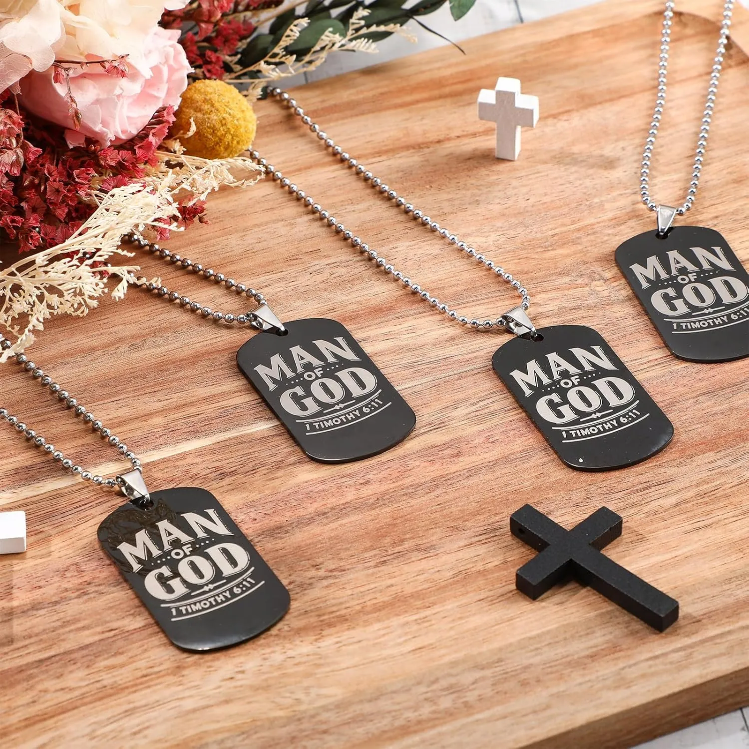 15 Pcs Father's Day Gift Man of God Christian Dog Tag Bible Verses Dog Tag Necklace Religious Stainless Steel Necklace with Chain for Church Dad Pastors Sunday School Inspirational Gift