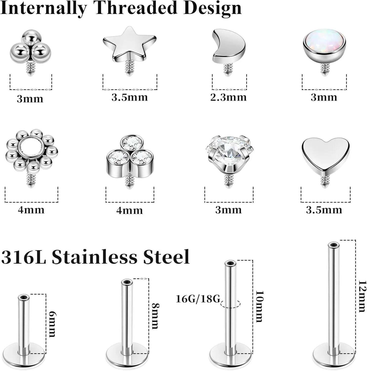 16G 18G 316L Stainless Steel Internally Threaded Labret Monroe Studs Lip Rings Stud for Women Men Flat Back Cartilage Tragus Earrings Studs Forward Helix Earrings Conch Medusa Piercing