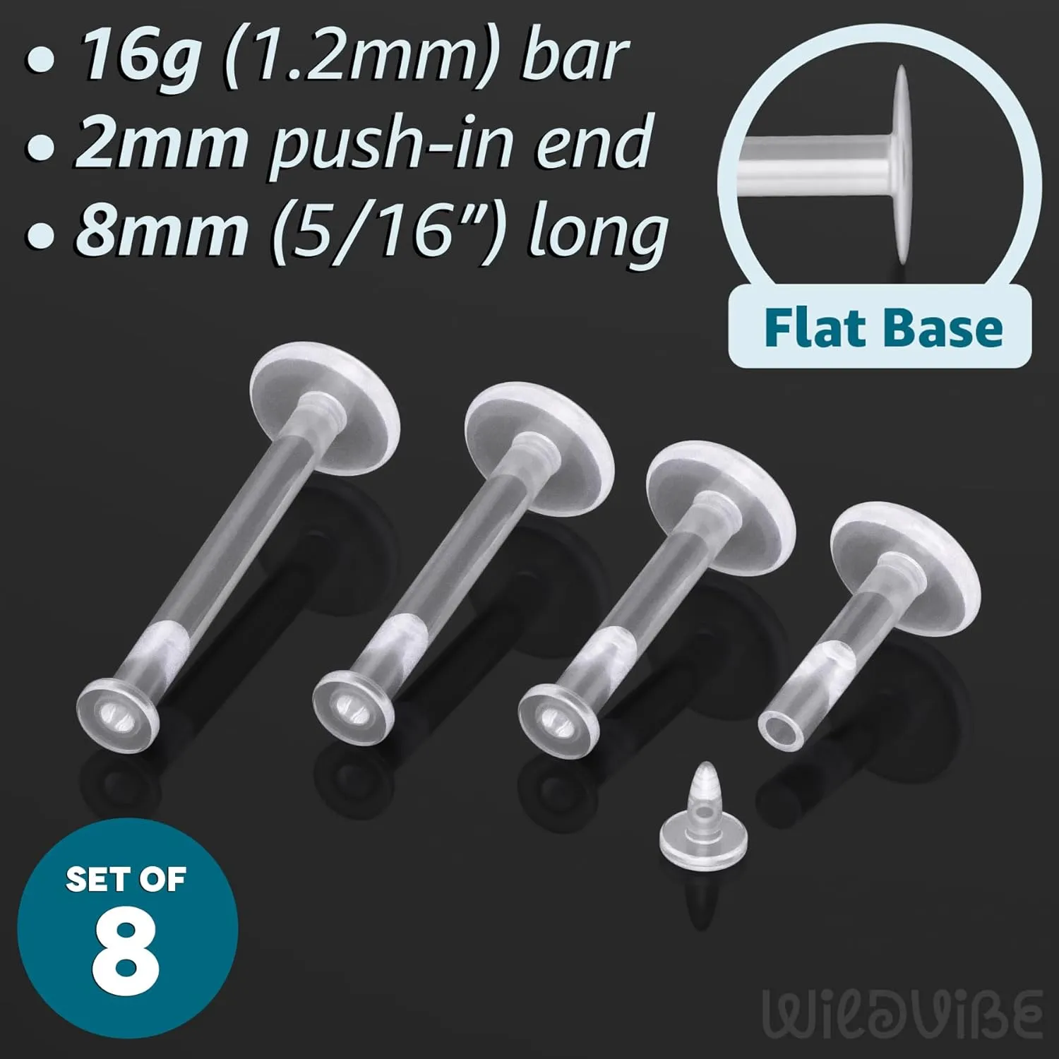16g Clear Earrings for Sports, Work, Surgery - Bioflex Labret Clear Piercing Retainers 10pc Set - Plastic Clear Piercings Stud Earrings for Cartilage Helix Tragus Lip Medusa Monroe (6mm, 8mm, 10mm, 12mm)