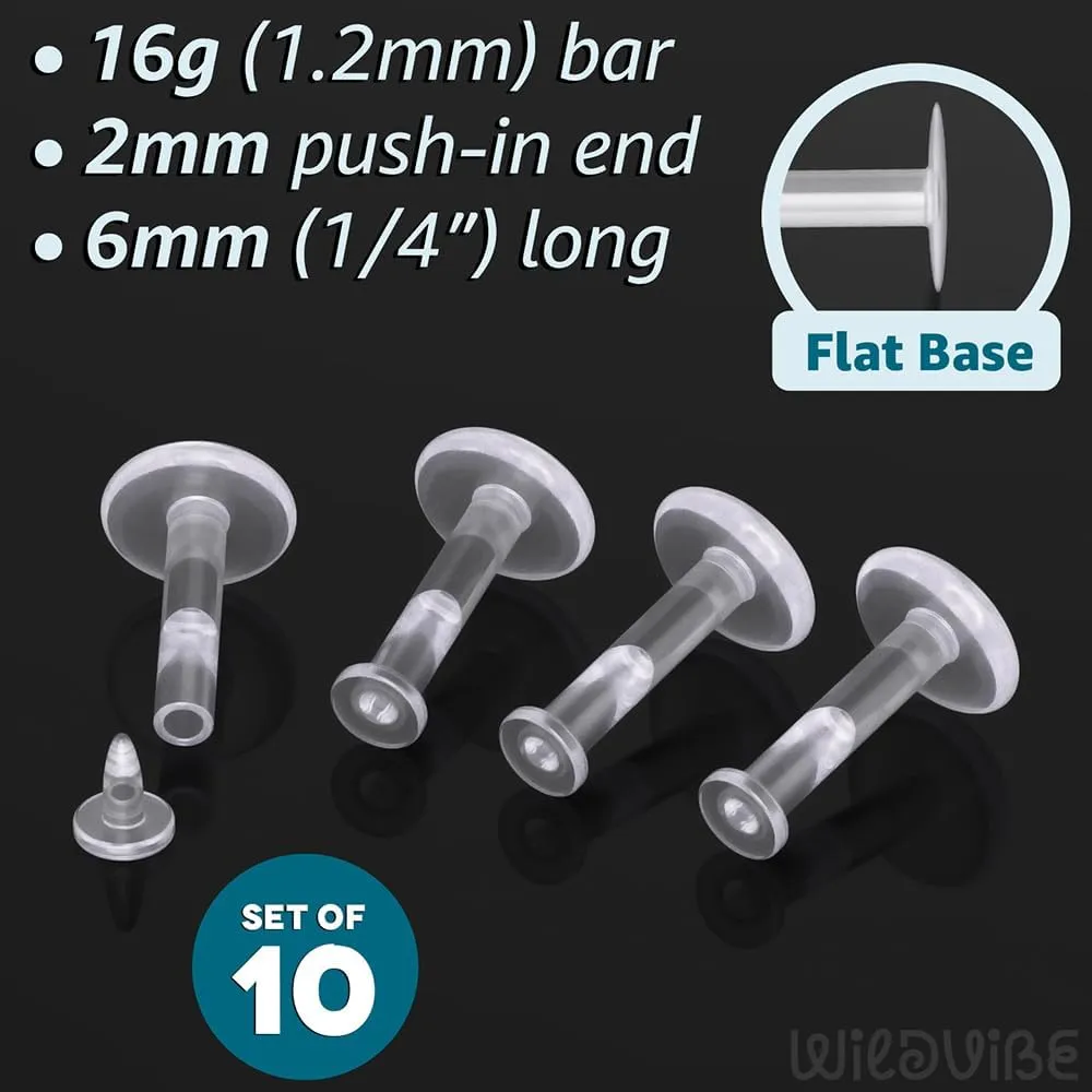16g Clear Earrings for Sports, Work, Surgery - Bioflex Labret Clear Piercing Retainers 10pc Set - Plastic Clear Piercings Stud Earrings for Cartilage Helix Tragus Lip Medusa Monroe (6mm, 8mm, 10mm, 12mm)