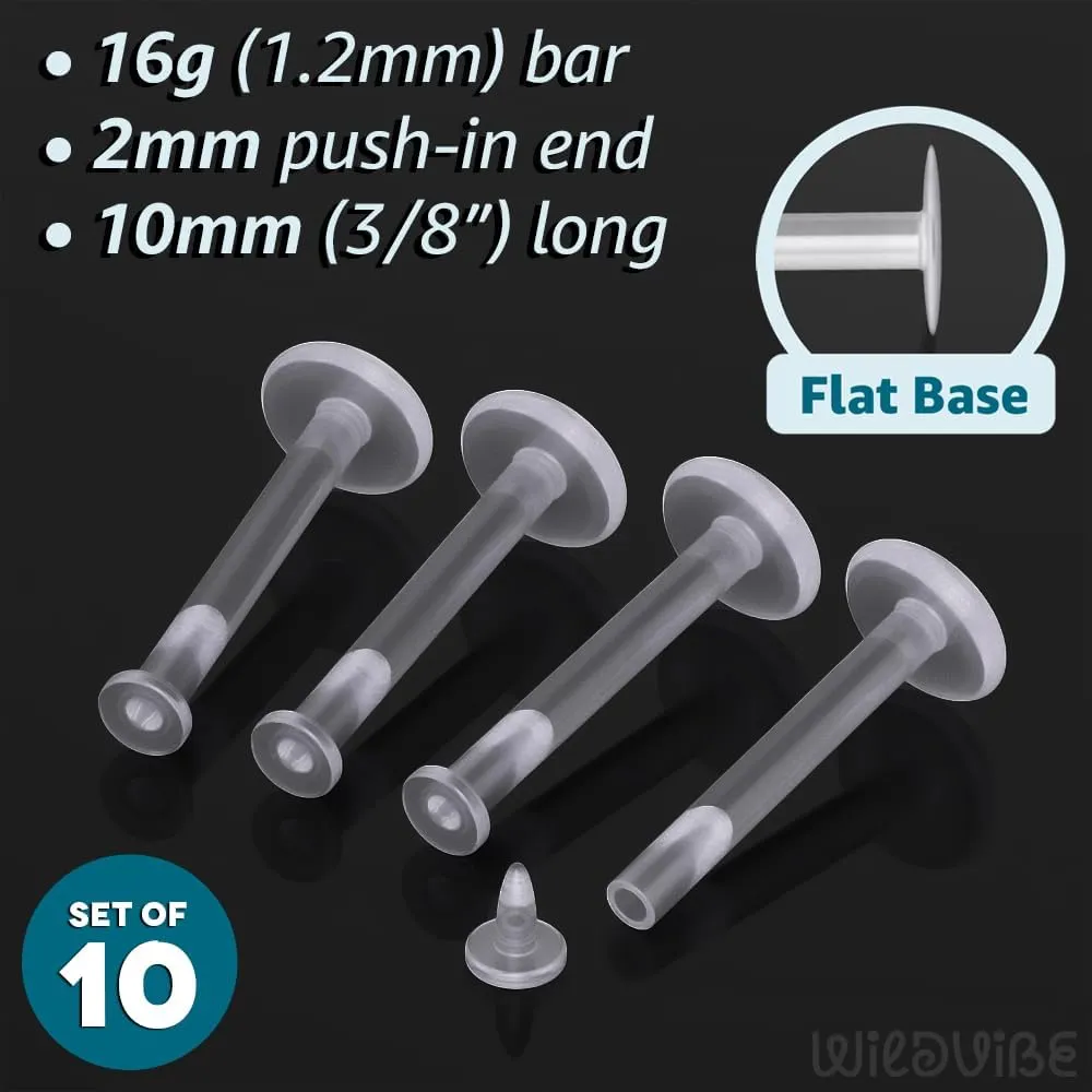 16g Clear Earrings for Sports, Work, Surgery - Bioflex Labret Clear Piercing Retainers 10pc Set - Plastic Clear Piercings Stud Earrings for Cartilage Helix Tragus Lip Medusa Monroe (6mm, 8mm, 10mm, 12mm)