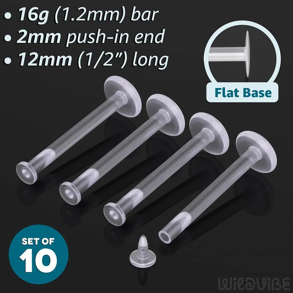 16g Clear Earrings for Sports, Work, Surgery - Bioflex Labret Clear Piercing Retainers 10pc Set - Plastic Clear Piercings Stud Earrings for Cartilage Helix Tragus Lip Medusa Monroe (6mm, 8mm, 10mm, 12mm)