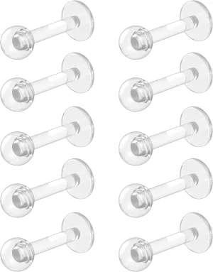 16g Clear Earrings - Piercing Retainers & Labret Studs - Bioflex Plastic Piercings for Surgery, Work, School, Sports (6mm, 8mm, 10mm, 12mm)