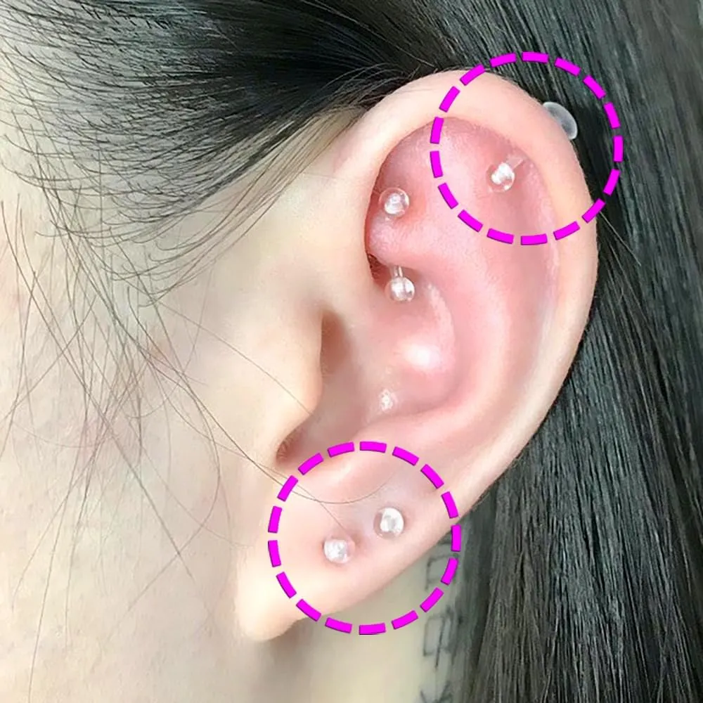 16g Clear Earrings - Piercing Retainers & Labret Studs - Bioflex Plastic Piercings for Surgery, Work, School, Sports (6mm, 8mm, 10mm, 12mm)