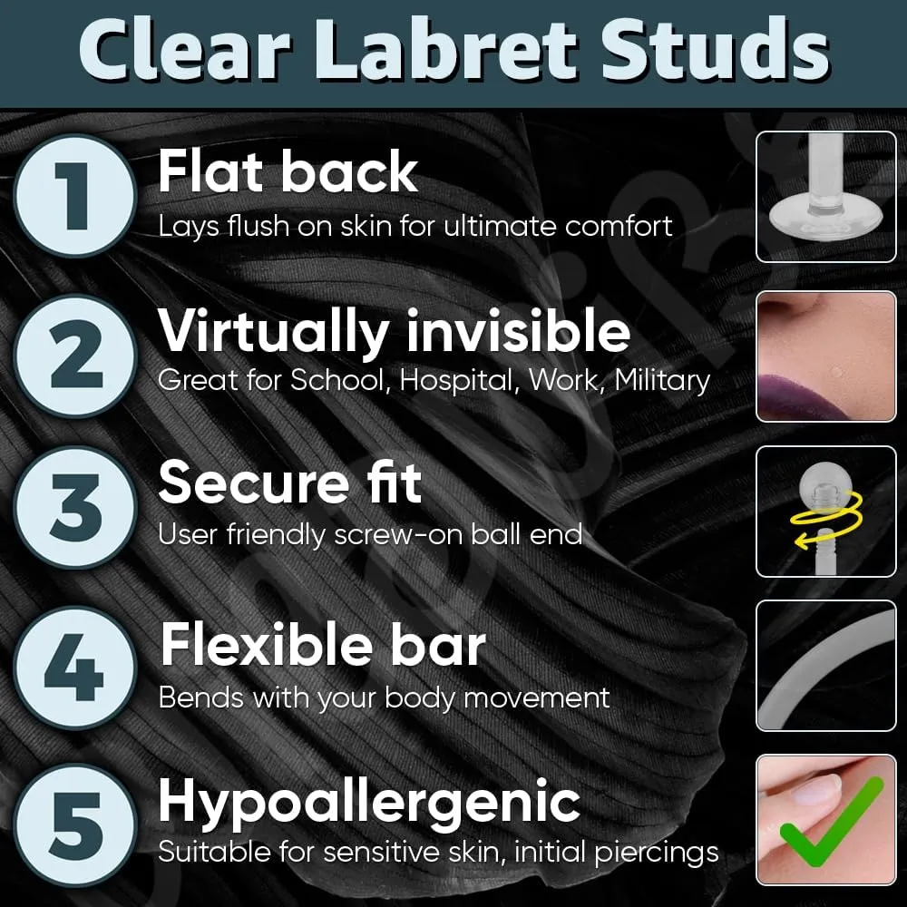 16g Clear Earrings - Piercing Retainers & Labret Studs - Bioflex Plastic Piercings for Surgery, Work, School, Sports (6mm, 8mm, 10mm, 12mm)