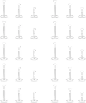 16G Clear Push Top Piercing Retainers, Clear Flat Back Studs, Nose Rings, Earrings, Lip Piercing Retainer for Surgery, Sports, Work